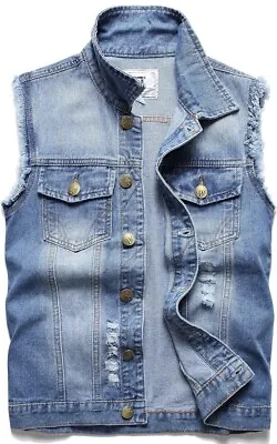 Men's Denim VestSleeveless Jacket Slim Fit Vintage Casual Ripped Vest All Color • $22.99