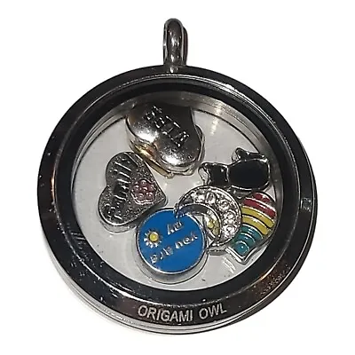 Origami Owl Silver Tone Living Locket & 7 Charms Cat Heart Wife Family Moon • $13.20