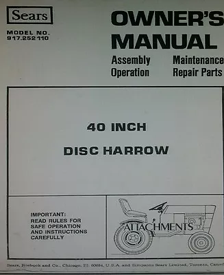 Sears Suburban 3-Point 40  Disc Harrow Implement Garden Tractor Owners Manual • $34.99