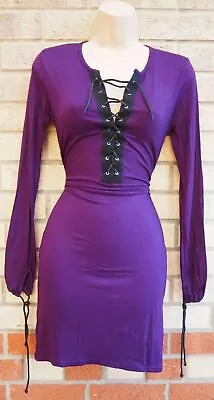 Be Jealous Purple Black Eyelet Lace Up Neck Long Sleeve Bodycon Dress S M • £19.99