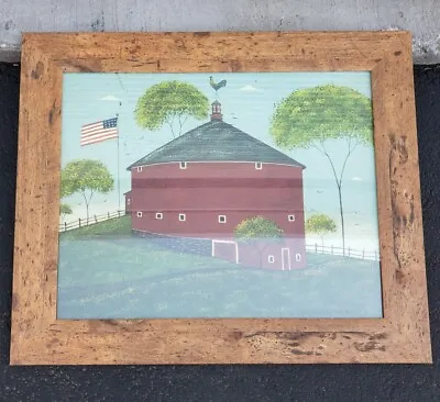 WARREN KIMBLE FOLK ART FRAMED PRINT ROUND BARN W/FLAG COUNTRY FARM SCENE 16 X20  • $40