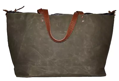 PROPERTY OF... Large Khaki Green Waxed Canvas & Tan Leather Travel Tote Bag • £67.55