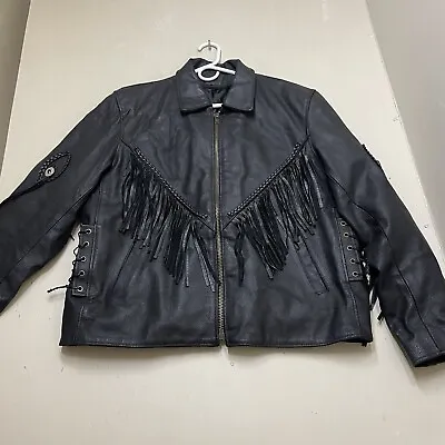 Leather Vintage Black Leather  Fringe Biker Motorcycle Jacket Mens L/XL • $76.50