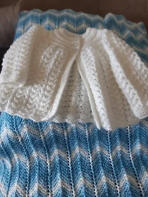 Hand Knitted Baby Cot Or Pram Blanket In Blues And White With Cardigan 0/3 Month • £9