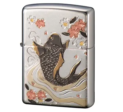 Zippo Japanese Carp Sakura Pattern Silver Electroformed Plate Brass Oil Lighter • £47.10