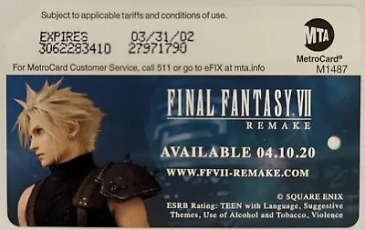 Final Fantasy VII- NYC MetroCard-Expired Mint Condition • $4.99