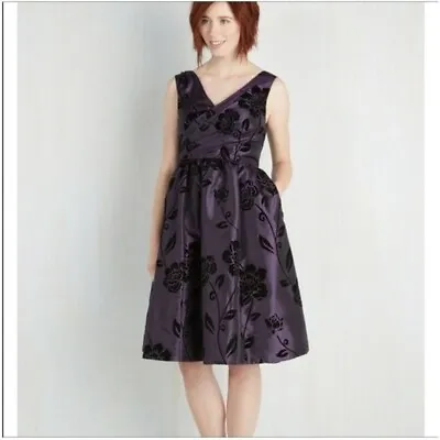 ModCloth Purple Fit And Flare Dress With Black Velvet Floral Pattern Party Dress • $24.99