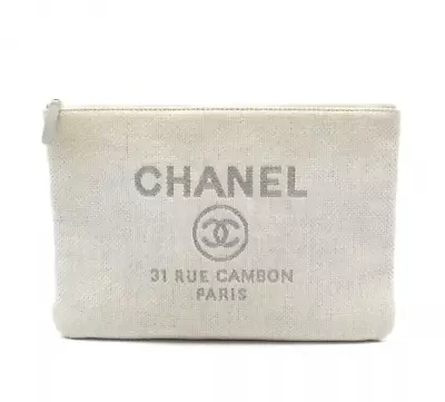 CHANEL CC Deauville Clutch Bag Canvas Leather Light Gray 240415T • $767.15