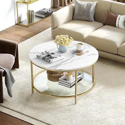 31.5  Round Coffee Table Marble Accent Cocktail Table With Glass Storage Shelf • $85.49