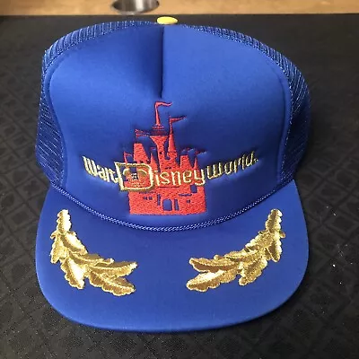 Vintage WALT DISNEY WORLD Trucker Mesh Snapback Cap Blue HAT GOLD Captain Leaf • $24.99