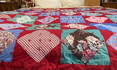 Vintage Handmade Patchwork Quilt Blanket Cottagecore Boho Red 87”x65” • $34.99