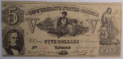 1861 Confederate States Of America $5 Banknote T-37 Fine • $105