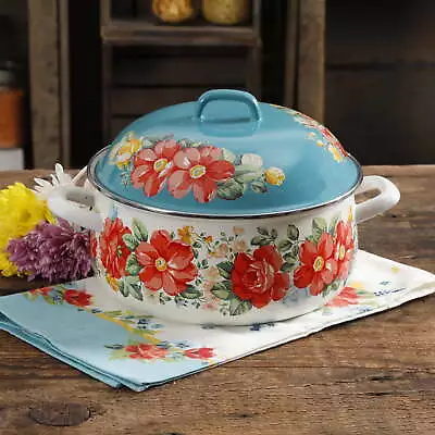 Vintage Floral 4 Quart Enamel Cast Iron Dutch Oven With Lid • $26.19