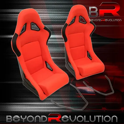 Set Of Red Cloth Fiberglass JDM Bucket Seats Fixed Position Universal + Sliders • $286.99