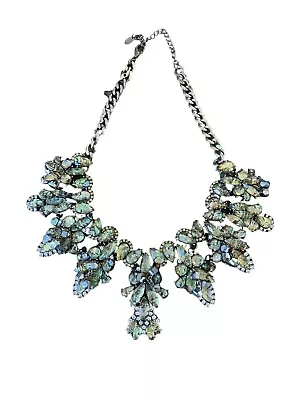 ZARA Rhinestone Bib Necklace Large Iridescent Green Faux Stone Choker 16  • $19.99