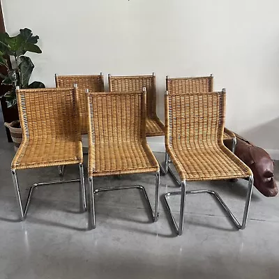 6 Vintage 1980s Woven Rattan Cantilever Tubular Chrome Dining Chairs Texta Style • £570