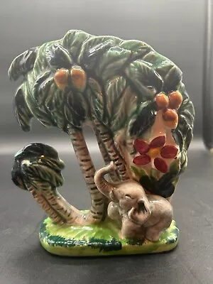 Vintage Elephant & Coconut Tree Tropical Wall Pocket Standing Planter Vase  • $24.95