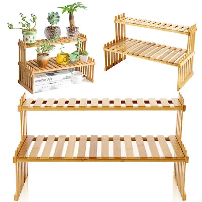 2 Tier Plant Pot Stand Holder Flower Wooden Display Shelf Garden Indoor Outdoor • £10.95