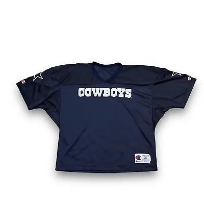 Vintage 90s Champion Dallas Cowboys Graphic Logo Jersey Blue Size XL 27 X 27 • $48.90