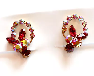 Vintage Austrian Crystal Aurora Borealis Rhinestone Clip On Earrings Reds Pinks • $39.99