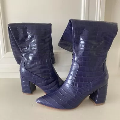 NWOT Marc Fisher Free People Tall Pointed Toe Purple Crocodile Texture Boots 6.5 • $110