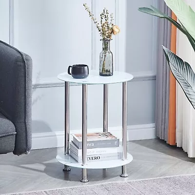 2 Tiers Round White Marble Tempered Glass Side End Sofa Table With Storage Shelf • $37.99