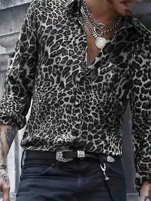 Button Up Shirt Leopard Graphic Print Mens White Black Long Sleeve Fashion Party • $29.86