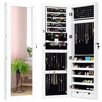 Lockable Jewelry Storage Cabinet Wall-mounted LED Jewelry Armoire W/Full Mirror • £59.95