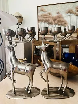 Pair Of Vintage Reindeer Candelabra Heavy Quality Metal Candle Holder 13.5  Tall • $95