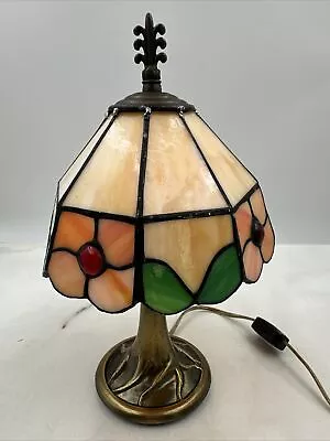 Vintage Small Tiffany Style Stained Slag Glass Lamp Brass Metal Base Desk Floral • $74.21