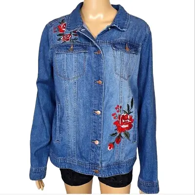 Denim Embroidery Jacket Women's Vintage Size 14 Casual Floral Mid Wash • $35