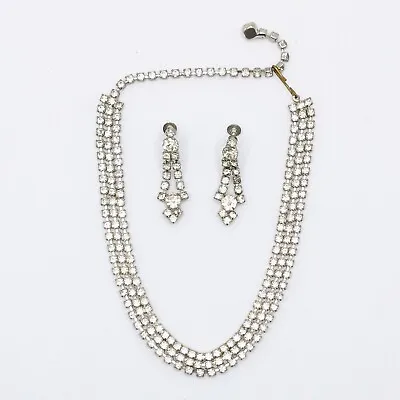 Vintage Estate Rhinestone 3 Strand Necklace And Screw On Earrings Set Art Deco • $29
