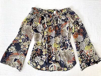 Vintage Miss Sixty Psychedelic Print Silk Peasant Blouse Top Lips Skull Floral M • $44.90