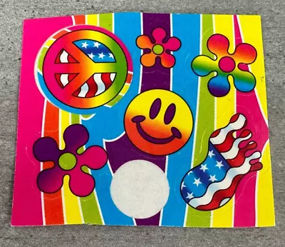 VTG Lisa Frank Sticker USA Flag Peace Sign Flower Power Footprint Smiley Face 2  • $16.50