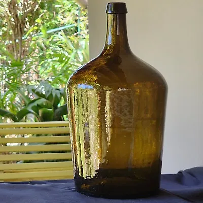 Antique Olive Glass Demijohn Bottle Continental Vintage Circa 1900. • $240