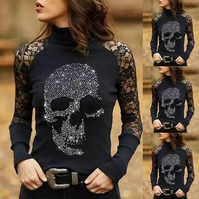 Halloween Women Gothic Skull Print Top Lace Steampunk Long Sleeve T-Shirt Blouse • $17.79