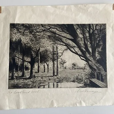 £75 • Buy Antique Signed Etching The Woodland Pool Landscape View