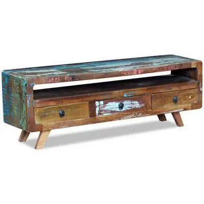 TV Cabinet With 3 Drawers Handmade Solid Reclaimed Wood Antique Style Stand • £234.95