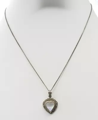 Mother Of Pearl Marcasite Sterling Silver Heart Pendant Necklace Vintage • $35.95