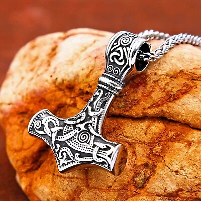 Viking Thor's Hammer Mjolnir Necklace Stainless Steel Silver Jewellery Pendant • £7.95