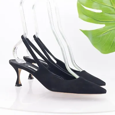 Manolo Blahnik Women's Betty Pump Size 38 8 Black Suede Low Heel Slingback 50mm • $329.87