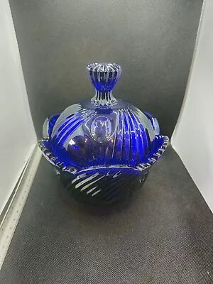 Vintage Mid 20th Century Blue Cut-Crystal Lidded Bowl 8-Inch Poland • $9.99