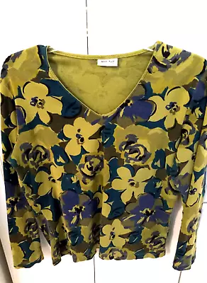 Habitat Women Tee Tunic Vneck Floral Size L XL Cotton Long Sleeve Greens Vtg USA • $16.99