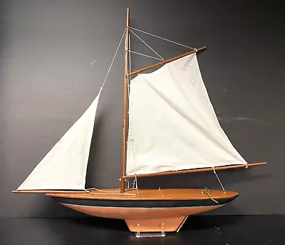 Model Wood Sailboat W/Cloth Sails & Rigging Removable Mast Some Wear To Paint • $125