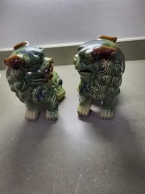 Vintage 8.5” Majolica Ceramic Chinese Foo Dogs Pair 1950's? • $69