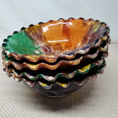 Vintage 1960's Mcm Mexican Clay Pottery Art Small Bowls Ruffle Edge Set 4 READ • $9.99