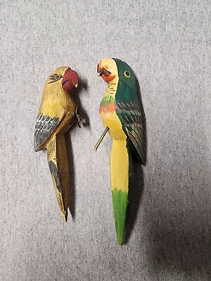 Two Vintage Wood Hand Carved Parrots Hand Painted Colorful Parakeet Birds Nice  • $10.99