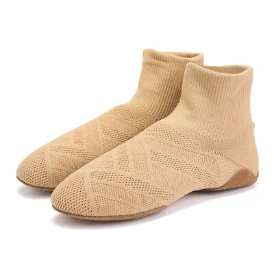 Women Jazz Shoes Flat Knitted Dance Boots Light Tan Sneakers SLIP ON Comfy Shoes • £25.37