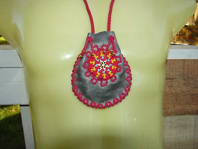 Leather Beaded Drawstring Medicine Bag Talisman Amulet Necklace Pouch 4.5  • $24.29