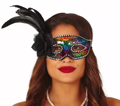 Ladies Masquerade Mask With Rainbow Sequins & Feathers Masked Ball Pride • £9.99